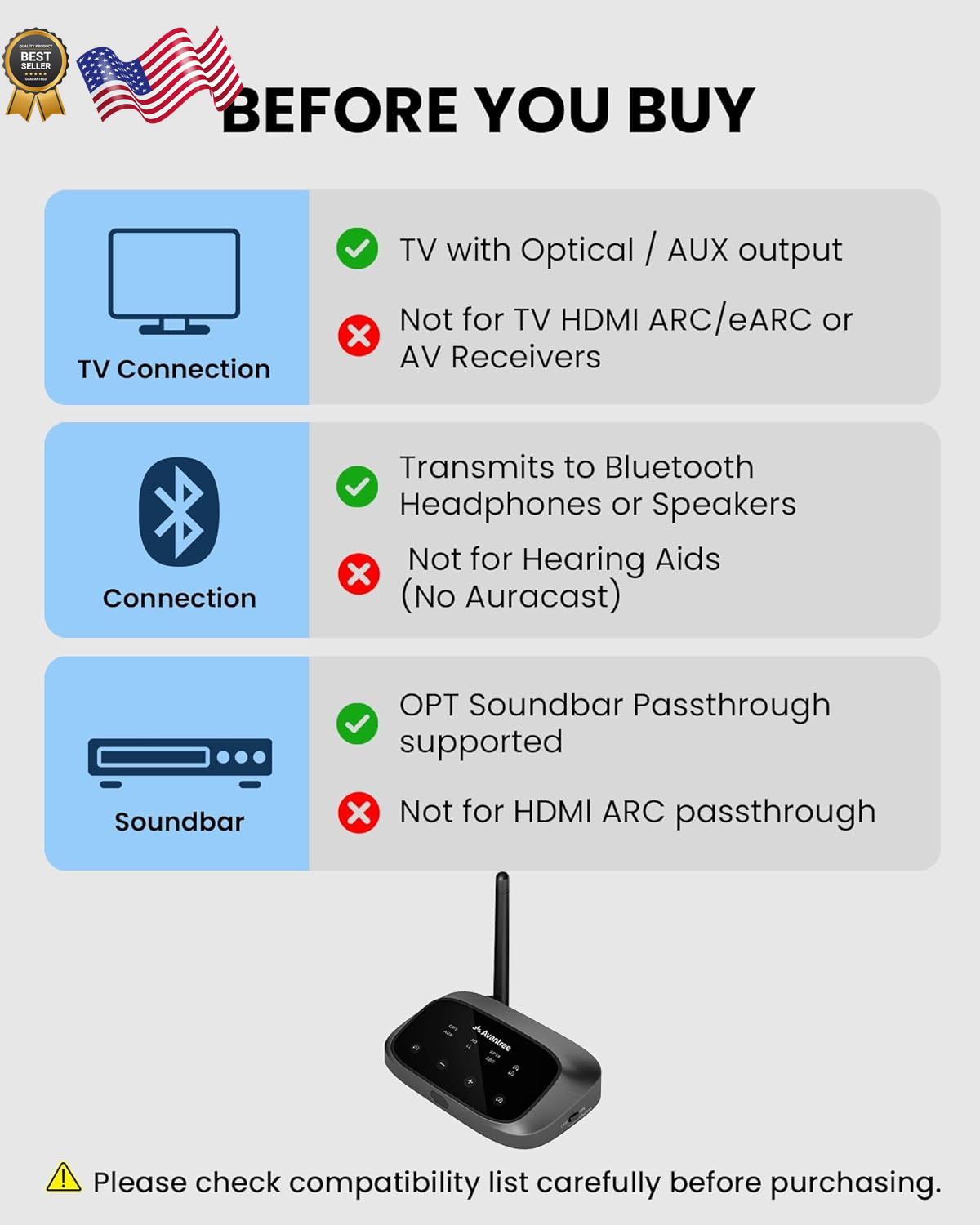 Avantree Oasis Plus 2 Bluetooth Transmitter for TV with Remote Volume Control