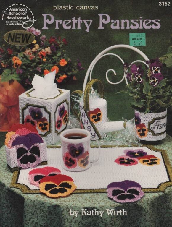 OOP!!! PLASTIC CANVAS PRETTY PANSIES COASTERS/TISSUE COVER/MORE!!!
