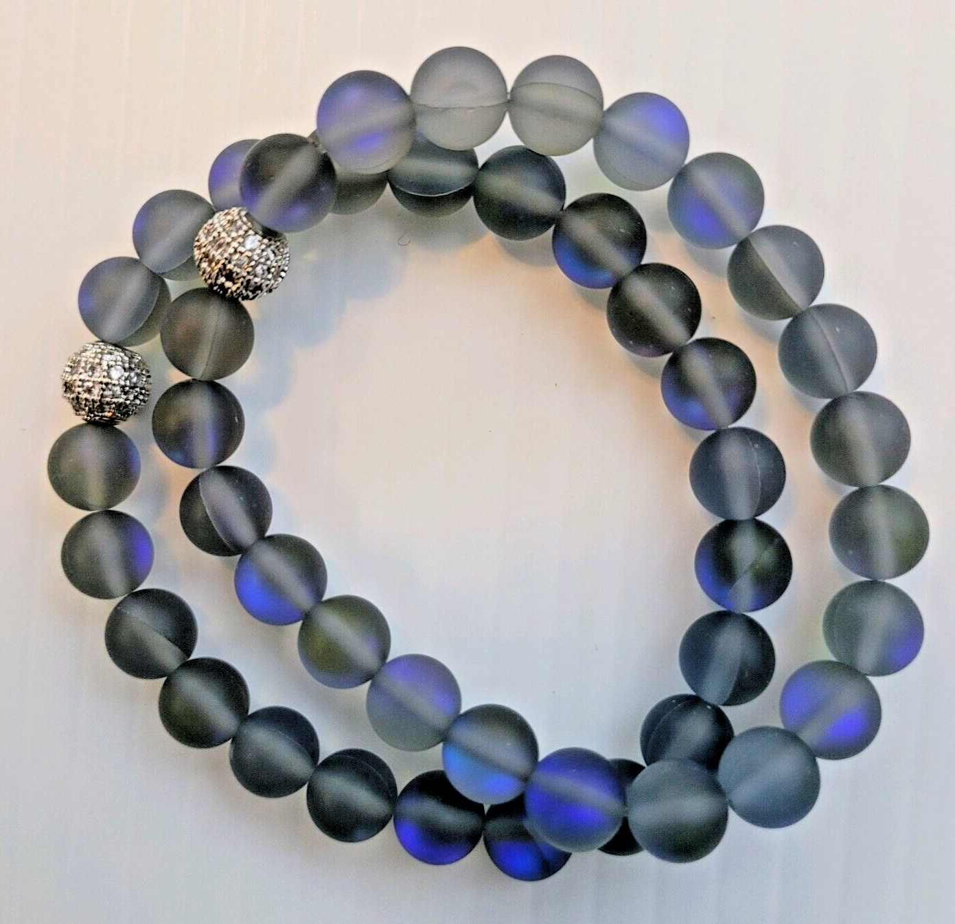 Set of 2 - Blue-Black Moonstone Set of Stretch Bracelets with Metal Bling Bead