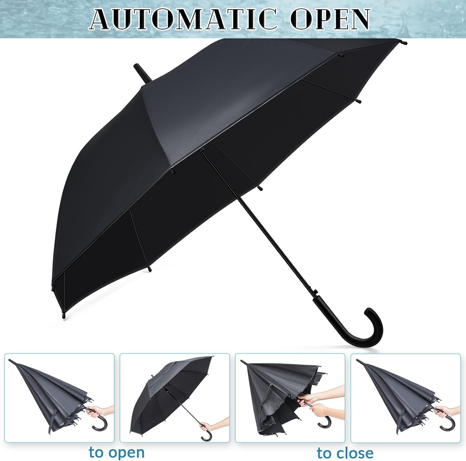 Black Umbrella Bulk Wedding Stick Umbrellas Large Canopy Windproof Rain Auto Ope