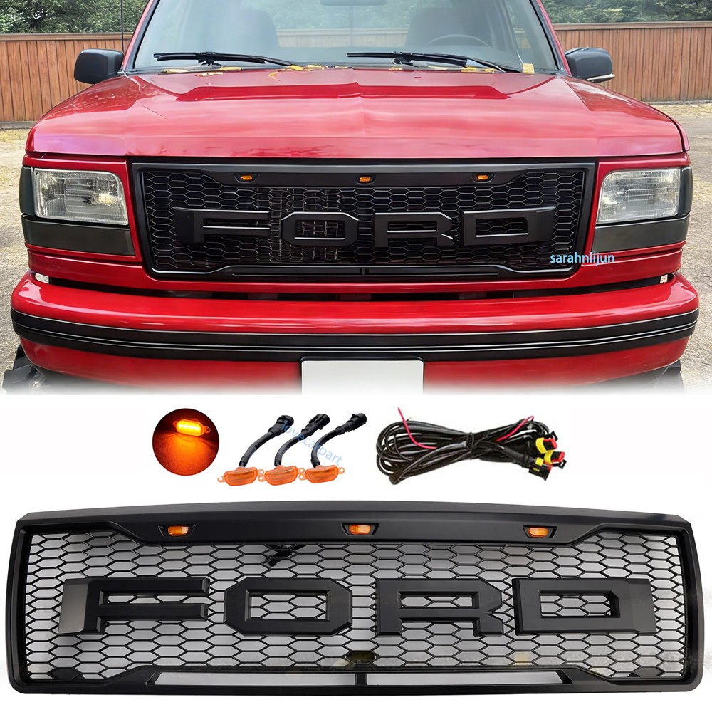 Grille For Ford F150 Bronco Grill 1992 93 94 95 1996 Grille w/LED +Letter Black