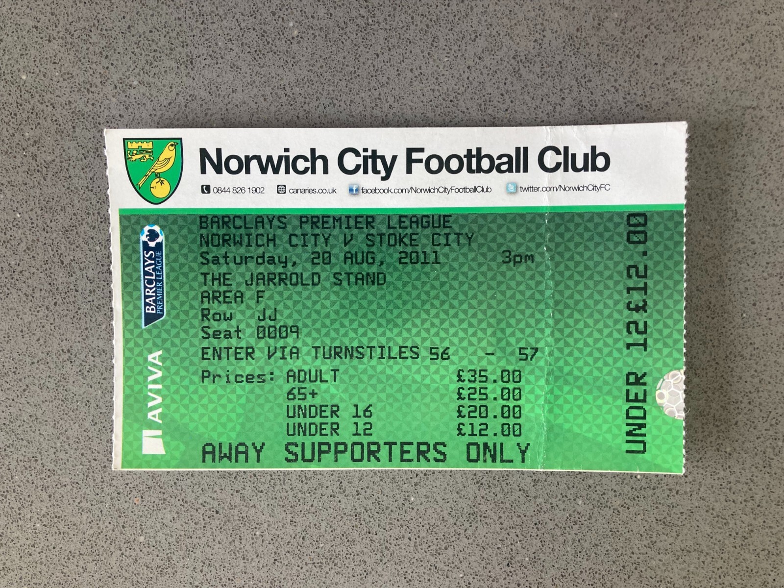 Norwich City v Stoke City 2011-12 Match Ticket