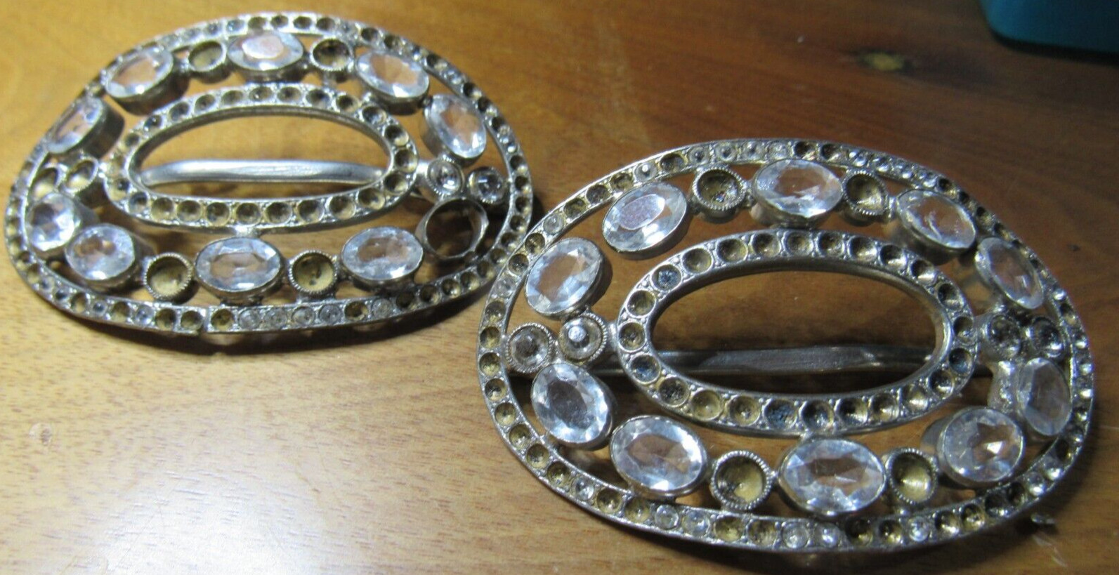 2 Antique Czechoslavakian  AB Crystal Belt / Shoe Buckle Signed Missing