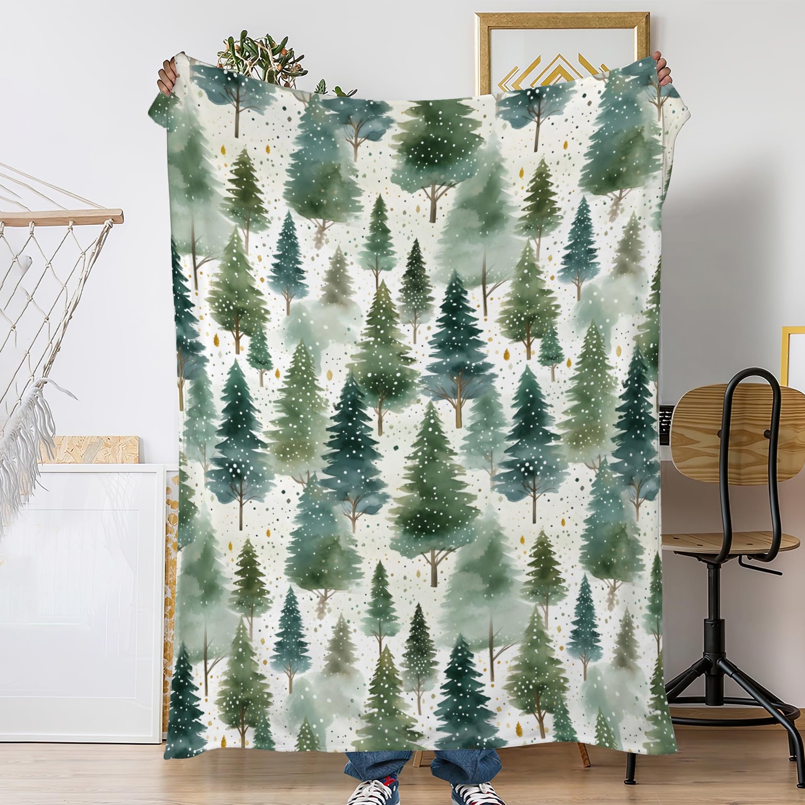 Throw Blanket for Couch,Green Fir Forest Plush Fall Throw,Watercolor Christma...