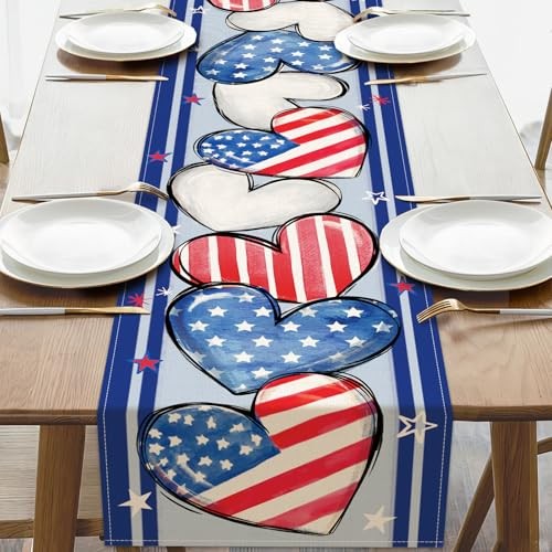4th of July Patriotic Love Hearts Dining Table Runner, America USA Stars