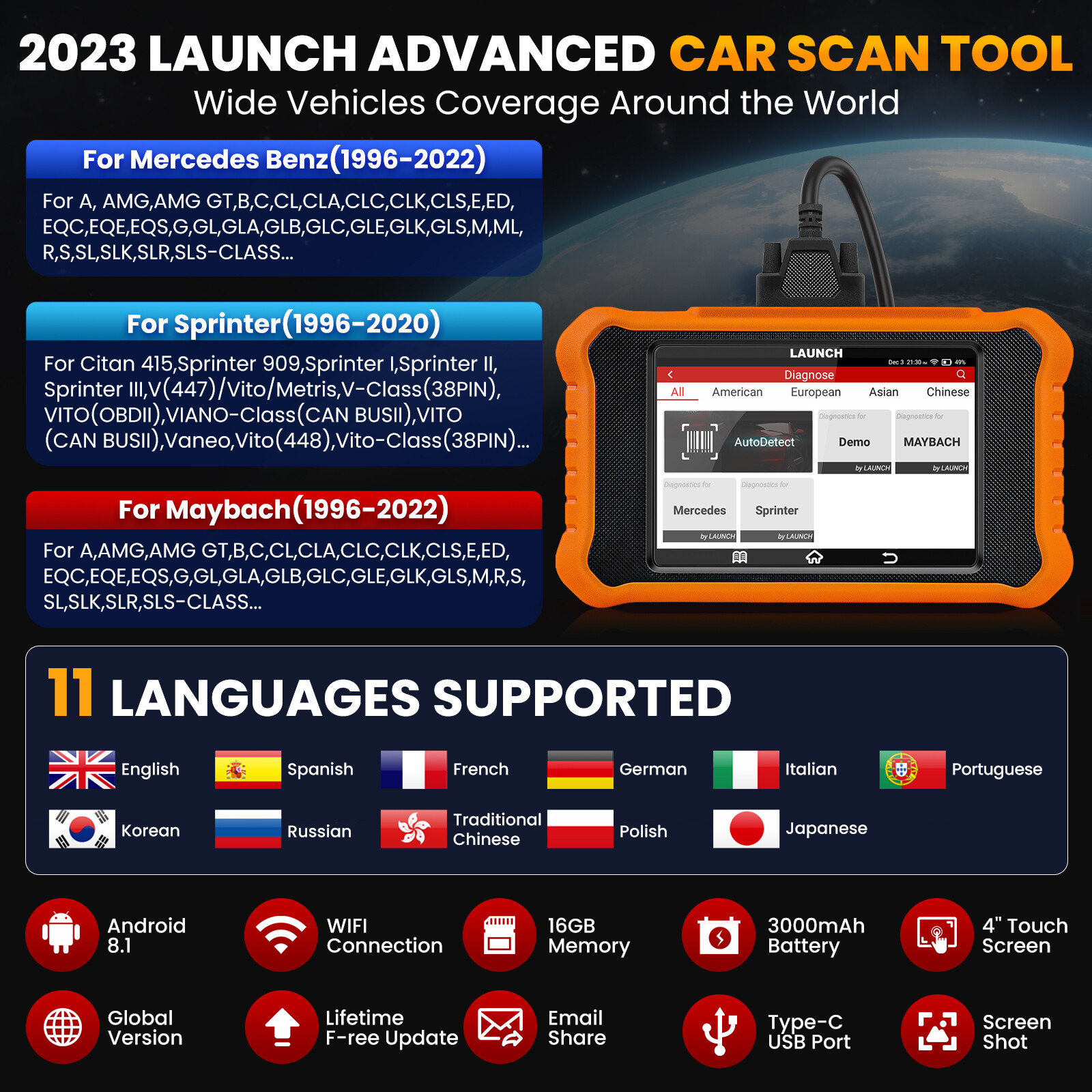 LAUNCH Creader Elite V2.0 For Mercedes-Benz Bidirectional OBD2Scanner ECU Coding