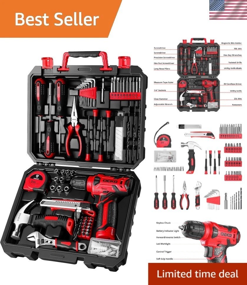 Drill Set: Tool Set with 8V Red Cordless Drill, Home Tool Kit with Drill, Han...
