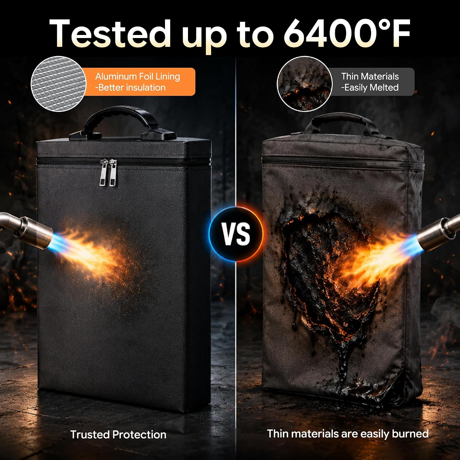 Fireproof Document Bag, Upgrade 6400℉Material Fireproof Money Bag with 2 Pockets
