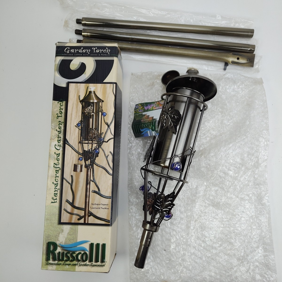 Vintage Russco III Garden Torch with Antique Copper Finish with Leaves & Marbles