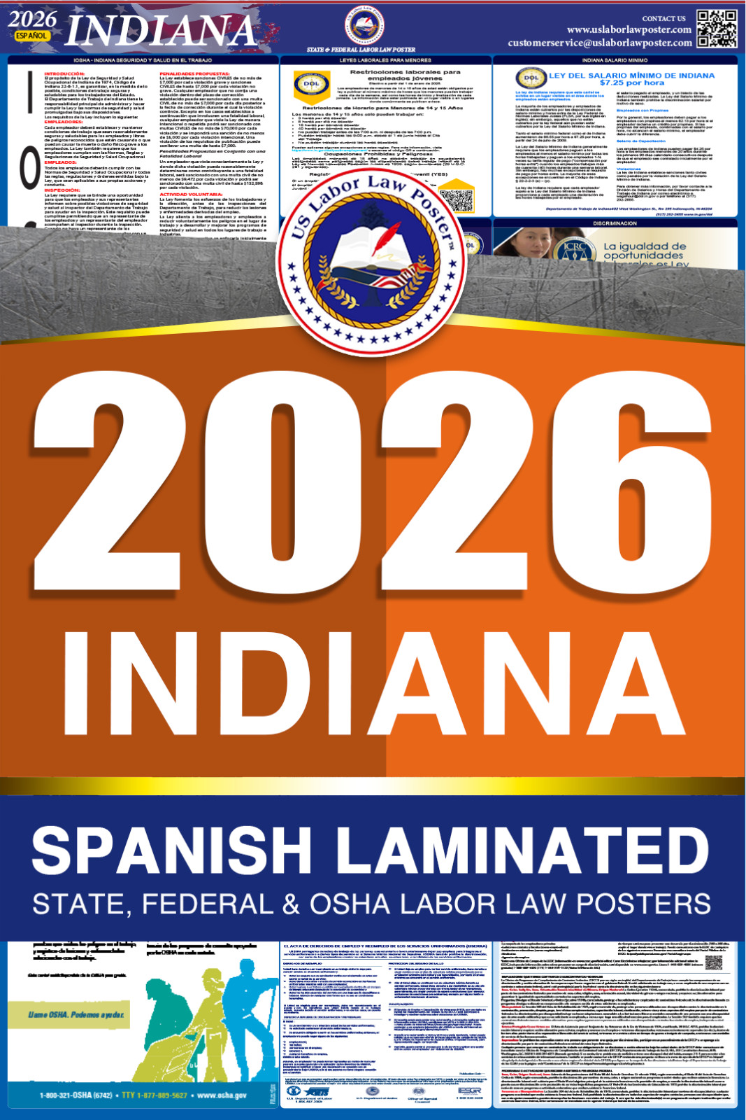 2026 Indiana IN LABOR LAW POSTER (Federal & State) Spanish Laminated