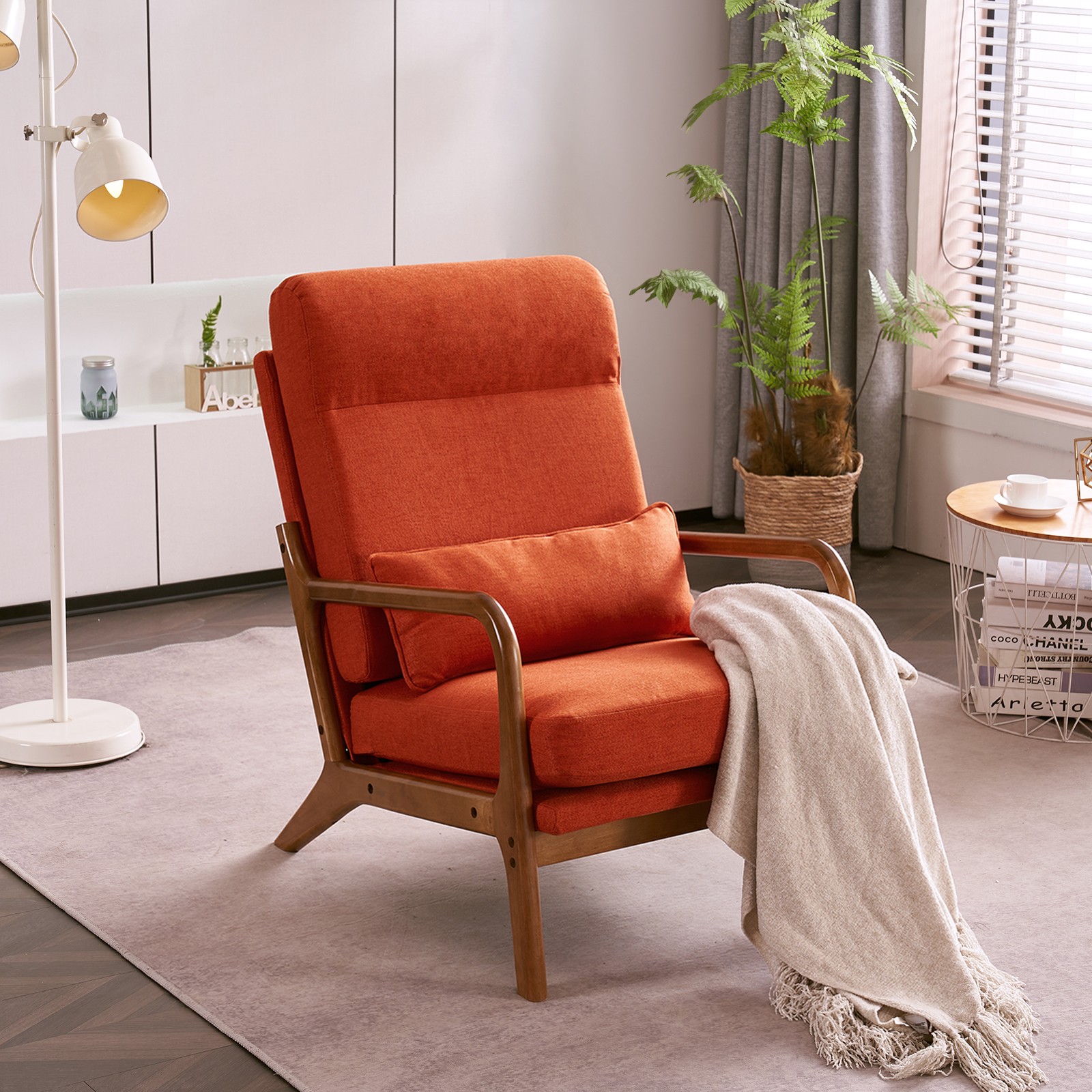 High Back Solid Wood Armrest Backrest Iron Frame Linen Indoor Leisure Chair