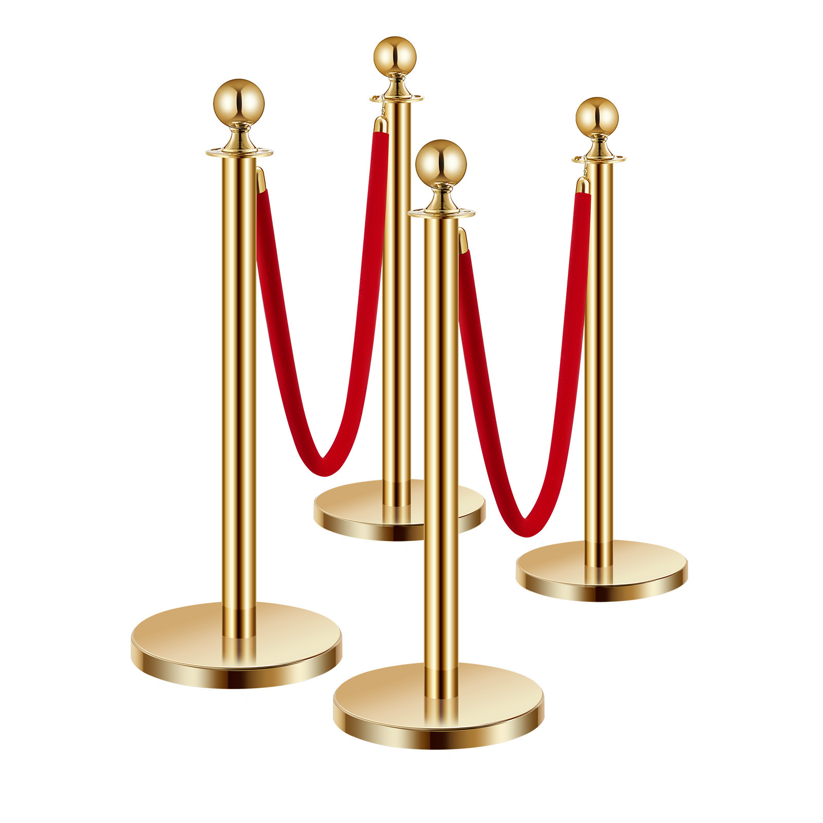 4 Pcs Gold Stanchion Post 2 Red Velvet Ropes Sand Injection Hollow Base