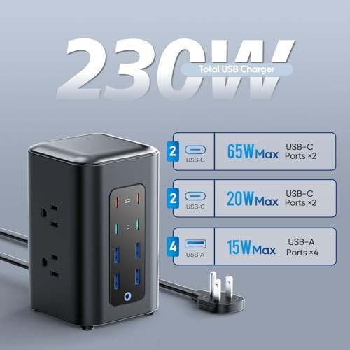 Power Strip Tower, 230W Charging Station with Multiple Devices 5FT Black/Blue