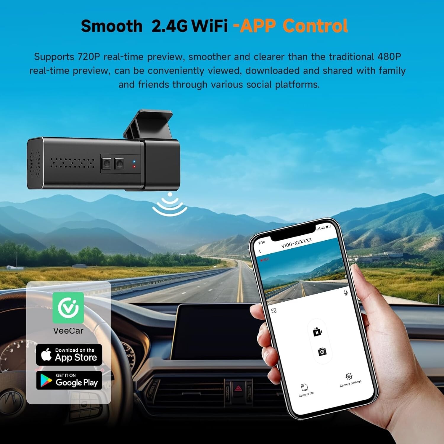 2.5k WiFi Dashcams,Dash Camera with APP, 32 GB SD,Night Vision