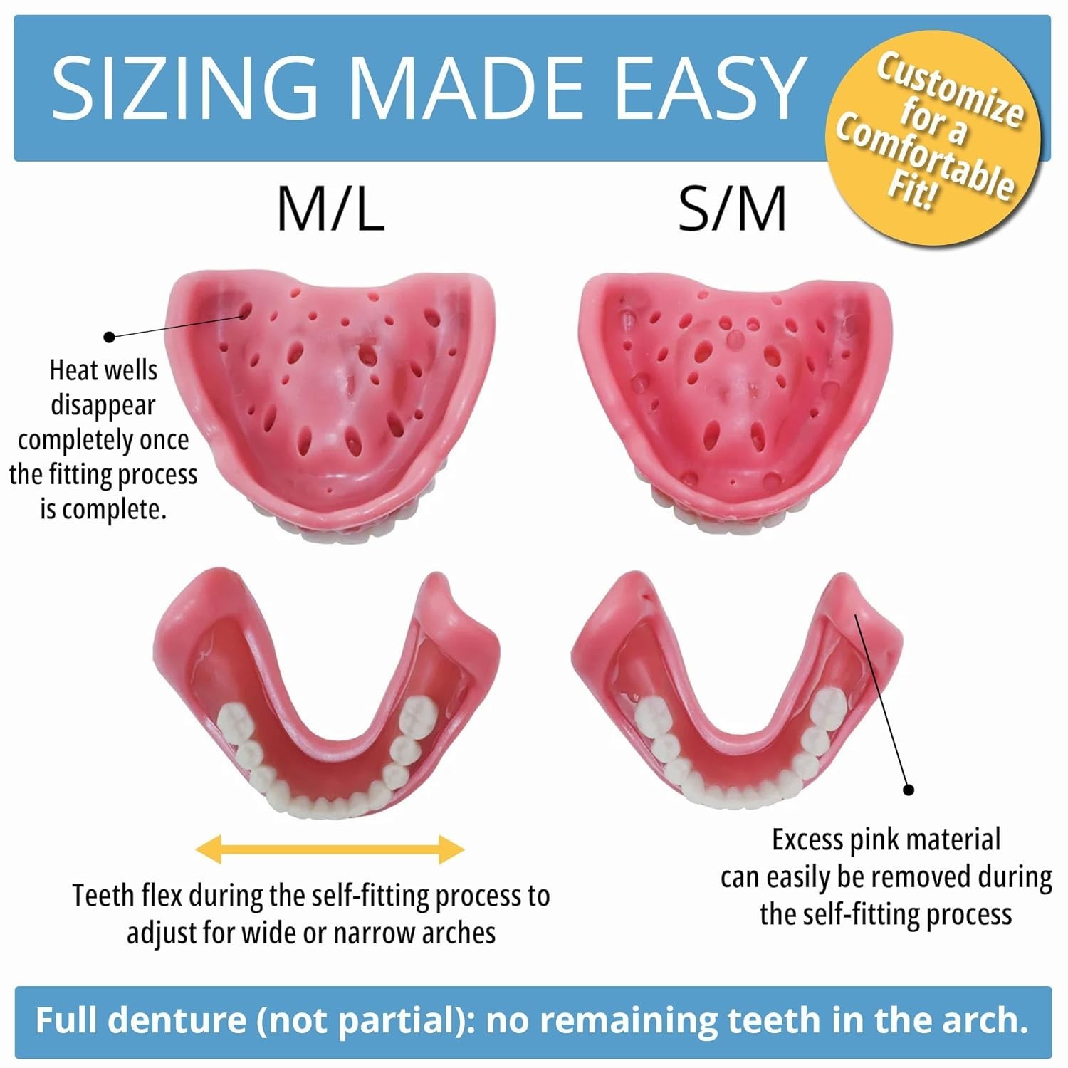 Comfort Adjustable Denture, Medium/Large, for Easy Home Fitting & Natural Look