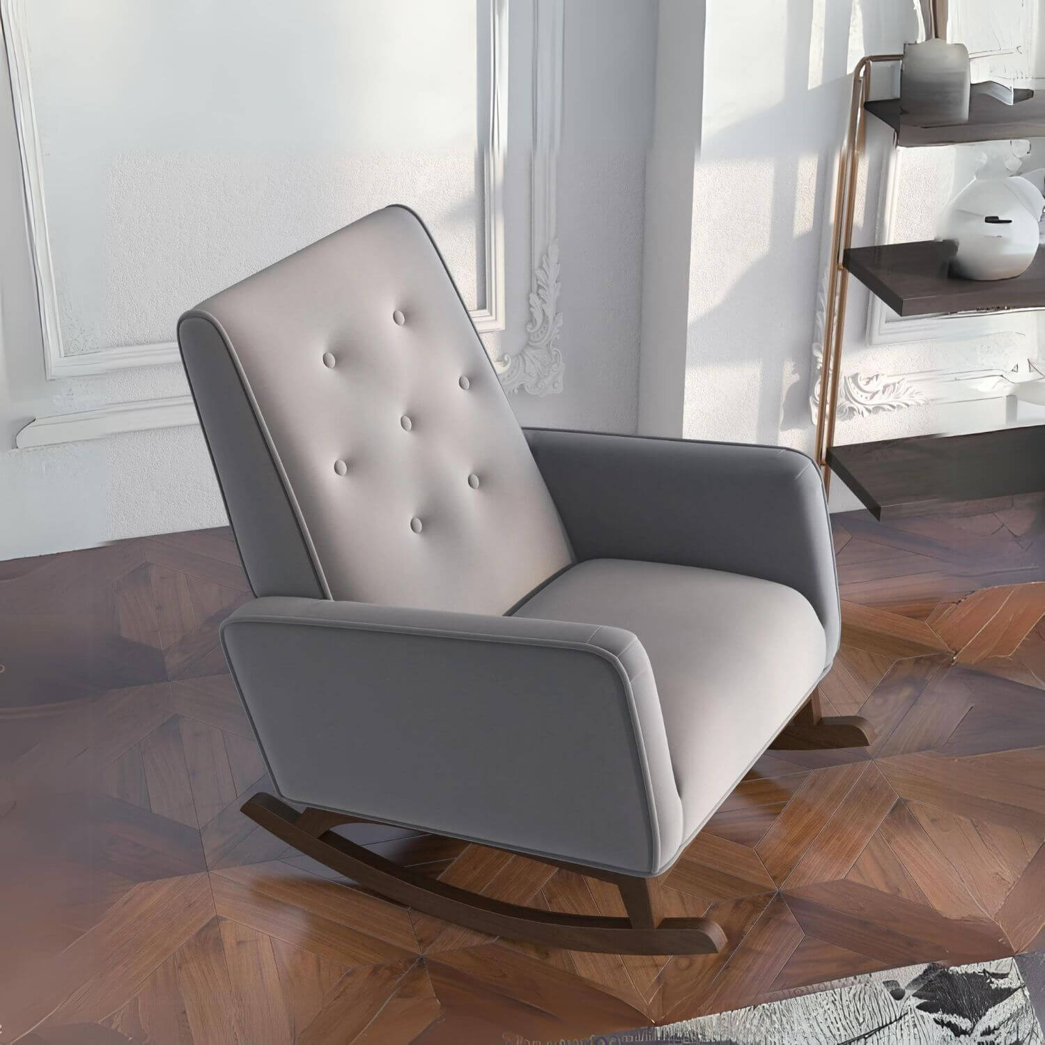 Ashcroft Demetrius Light Grey Velvet Fabric Nursery Rocking Chair