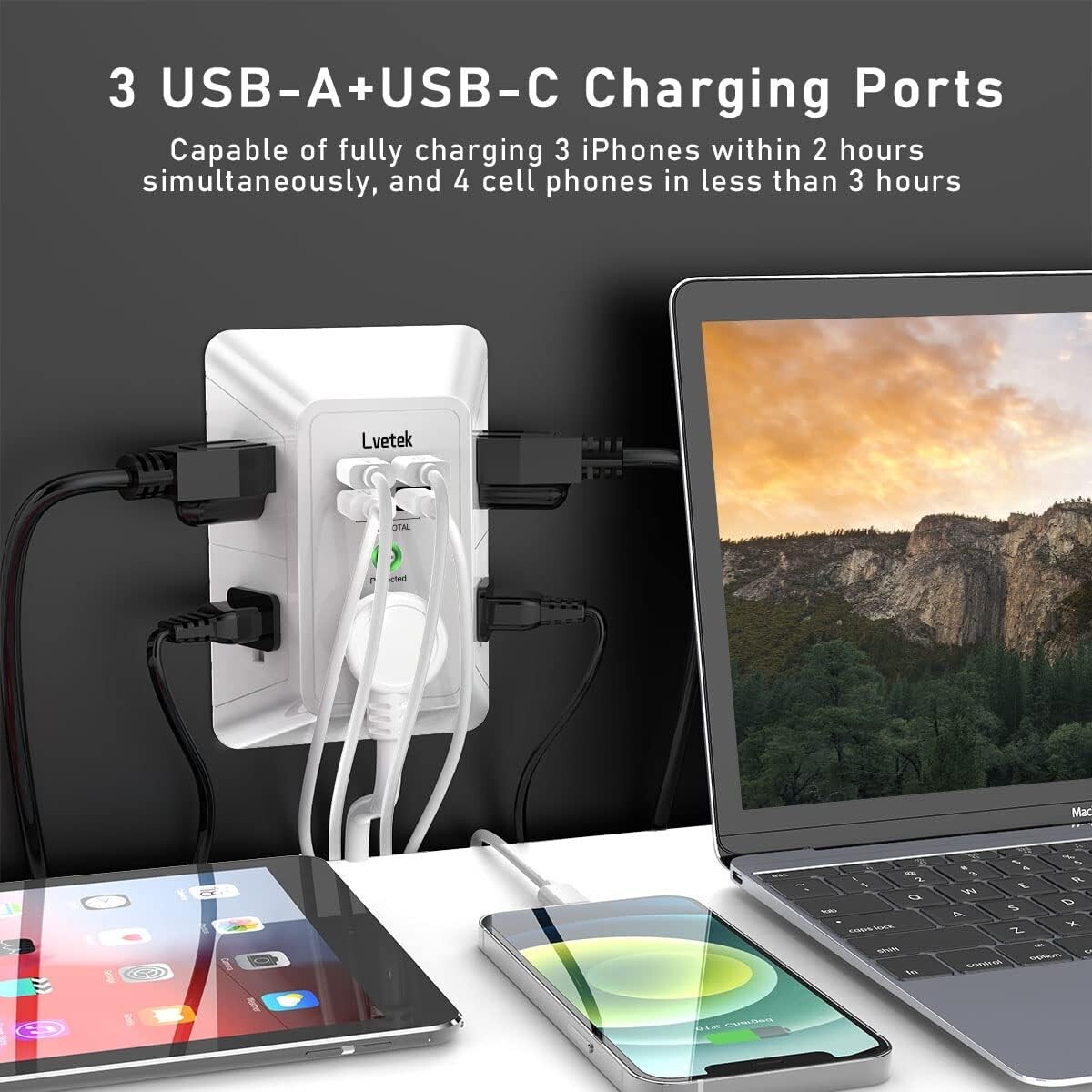 USB Wall Charger, LVETEK Surge Protector 5 Outlet Extender with 4 USB Ports 3 Si