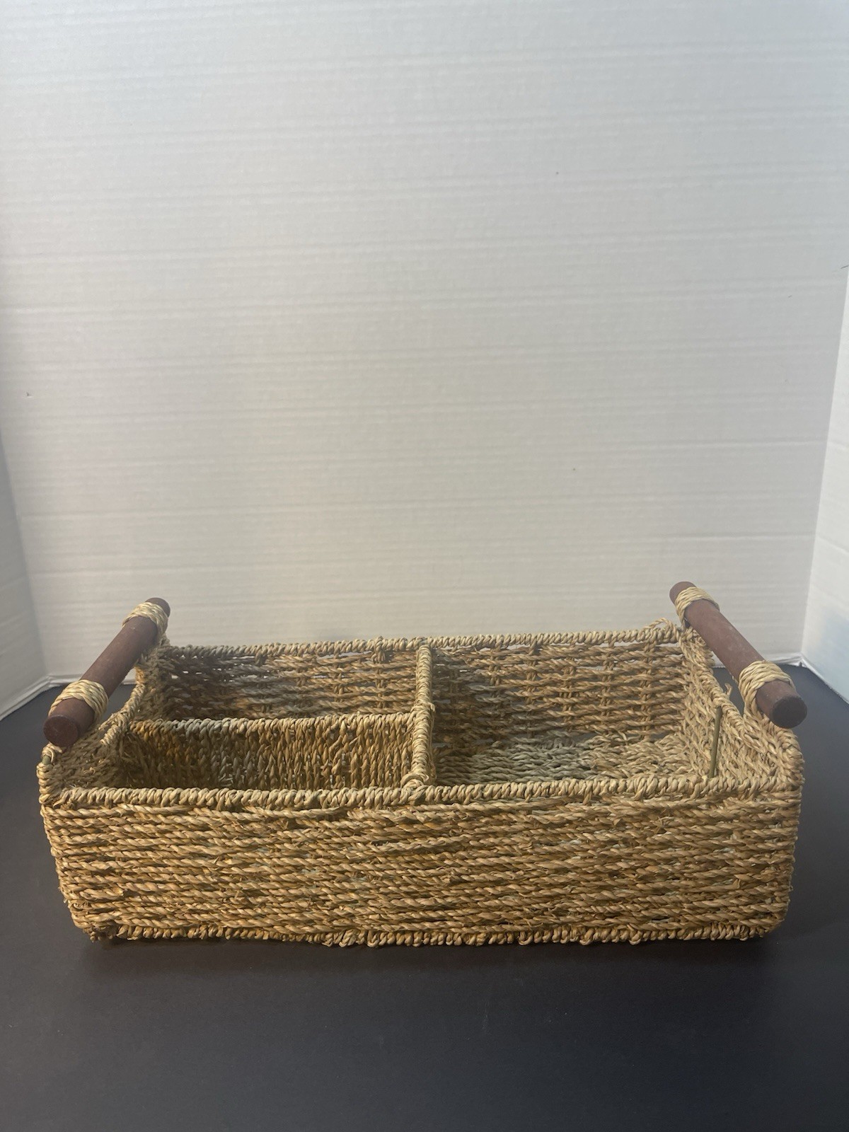 Woven Basket Organizer Tray Divided Storage Farmhouse Boho Handle Caddy