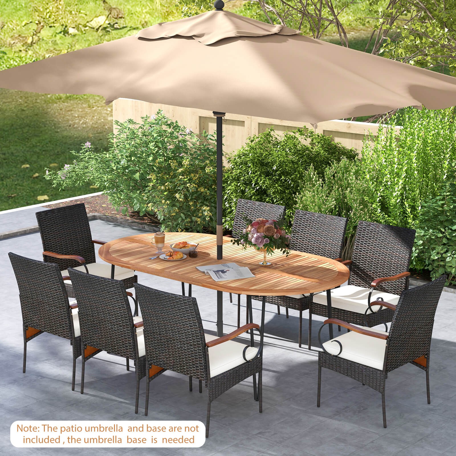 Patio 9 PCS Rattan Dining Set Acacia Wood Table and 8 Patio Wicker Armchairs