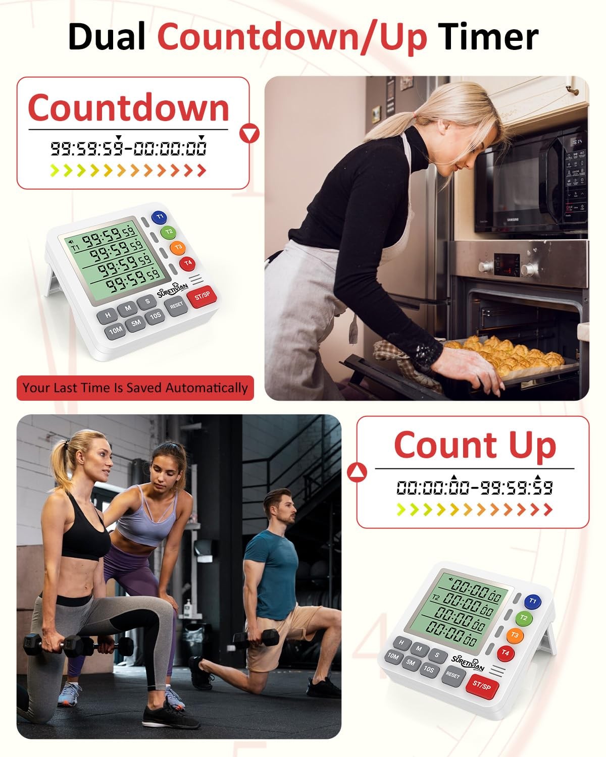 Digital Kitchen Timer for Cooking - 4 Channel Count Up Countdown Timer with L...