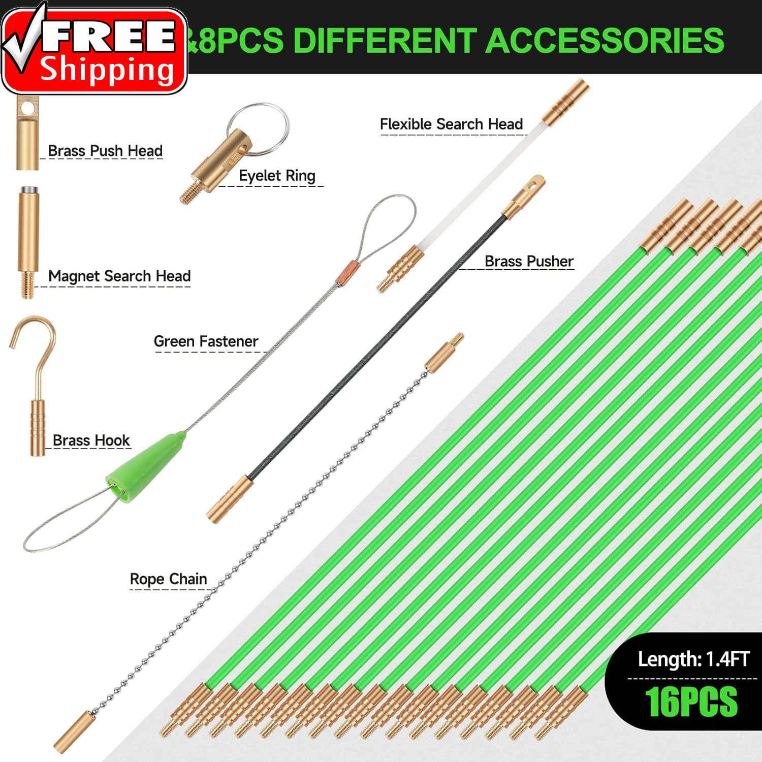 22FT Fiberglass Running Electrical Wire Cable Glow Rods Wire Pulling, Fish Rods