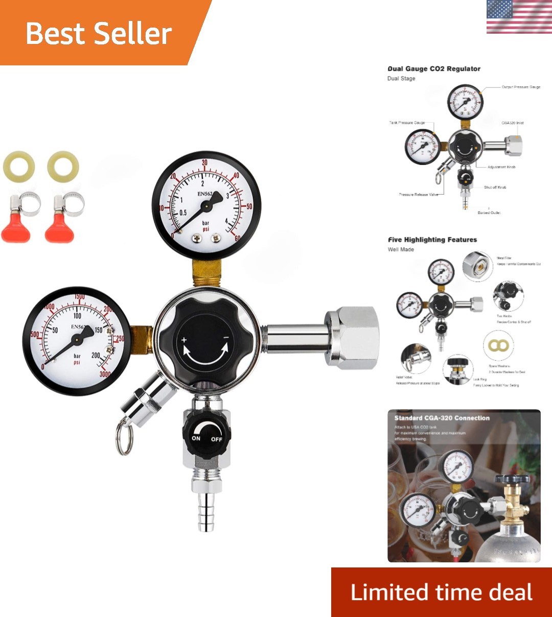 Dual Gauge Co2 Regulator Beer Kegerator Co2 Regulator Beer Keg Dual-stage Keg...
