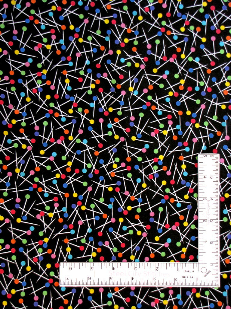 Sewing Theme Fabric Multi Color Pins Black Cotton Kanvas Studio Benartex Yard