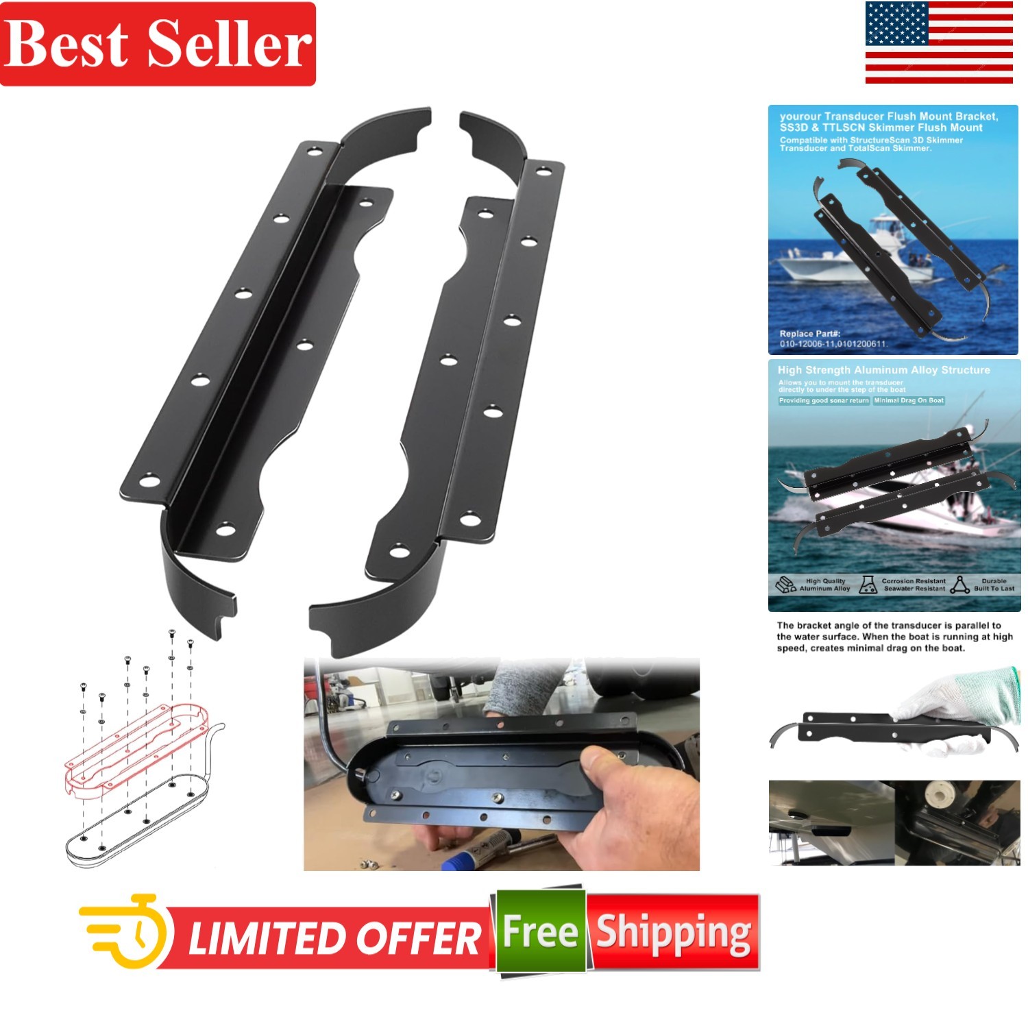 Transducer Flush Mount Bracket Compatible With StructureScan 3D & TotalScan S...
