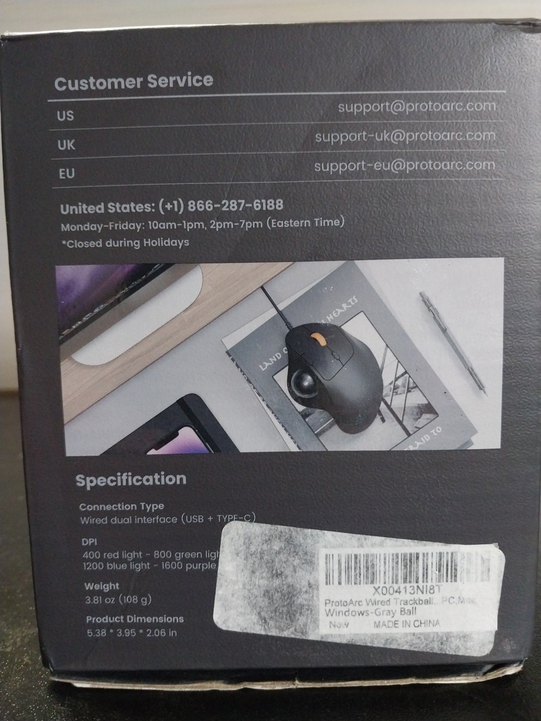 ProtoArc EM04 Wired Ergonomic Trackball Mouse Adjustable DPI, USB & USB-C