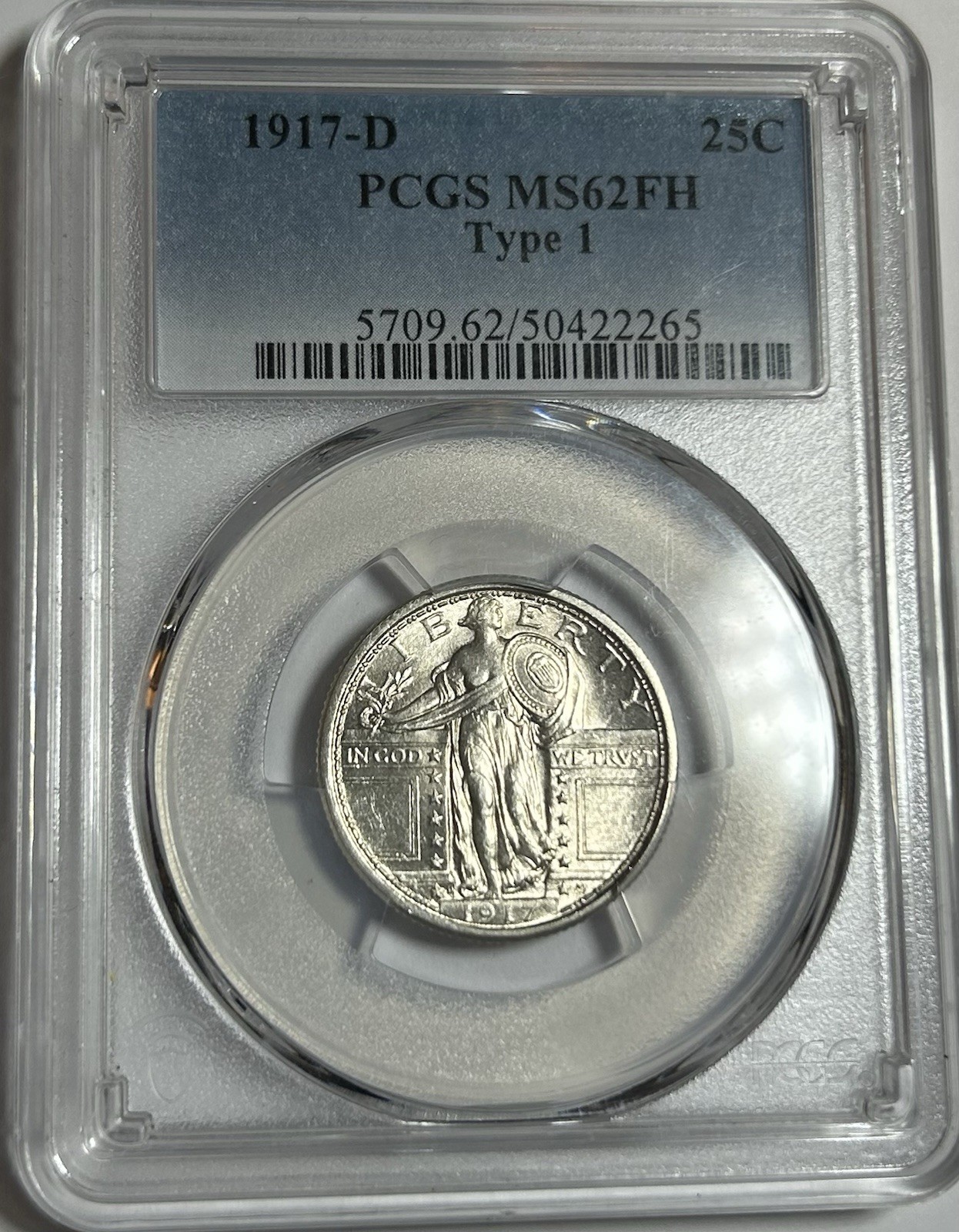 1917-D Type 1 Standing Liberty Quarter 25C - PCGS MS62FH - Blast White Luster
