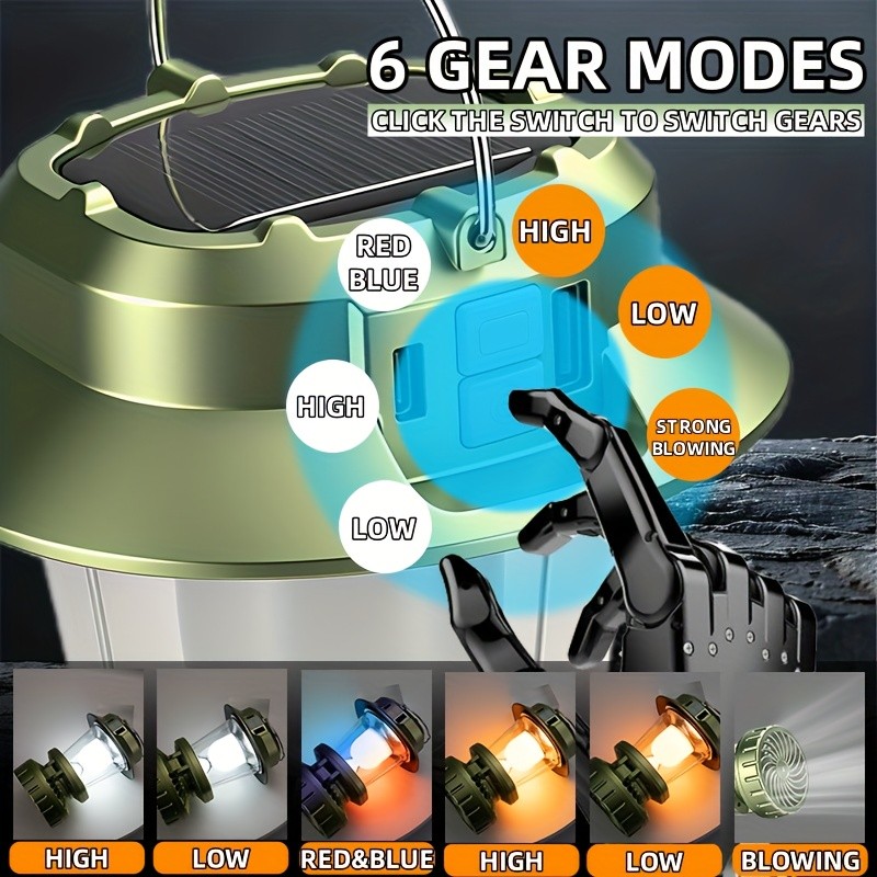 Solar Fan Lantern for Camping, Rechargeable Multi-Functional Light Hook