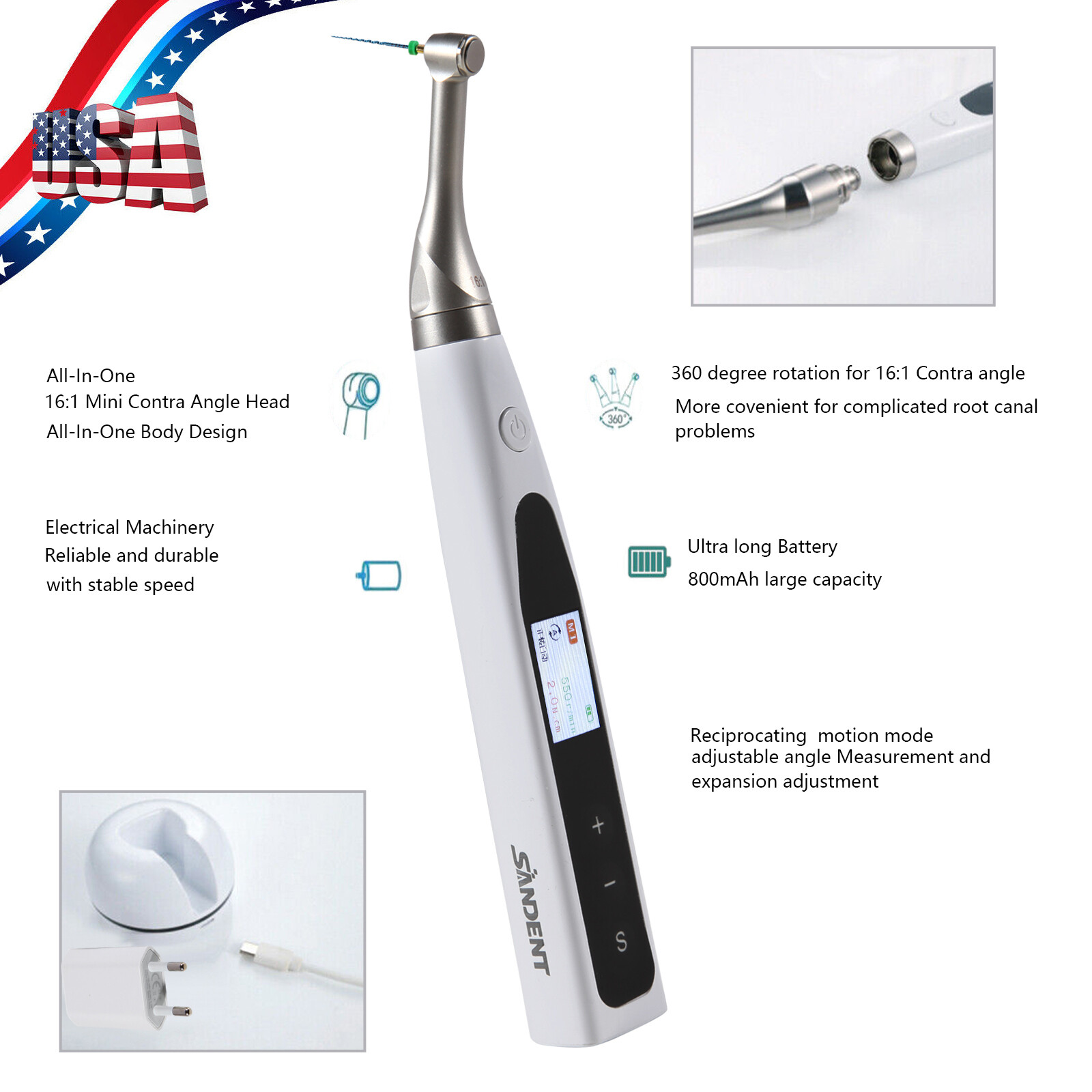 Dental Wireless 360° Rotation Endo Motor 16:1 Contra Angle Root Canal SANDENT