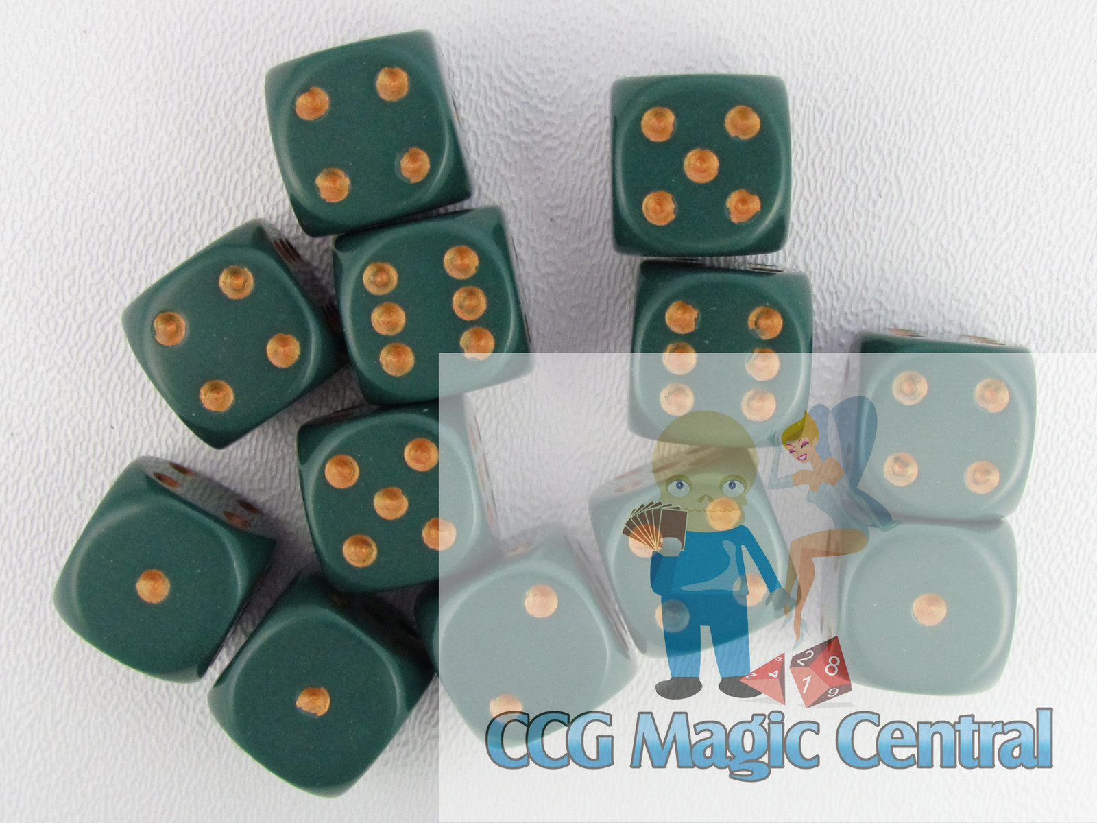 CHESSEX opaque DICE SET OF 12 16mm DICE DUSTY GREEN WITH GOLD PIPS