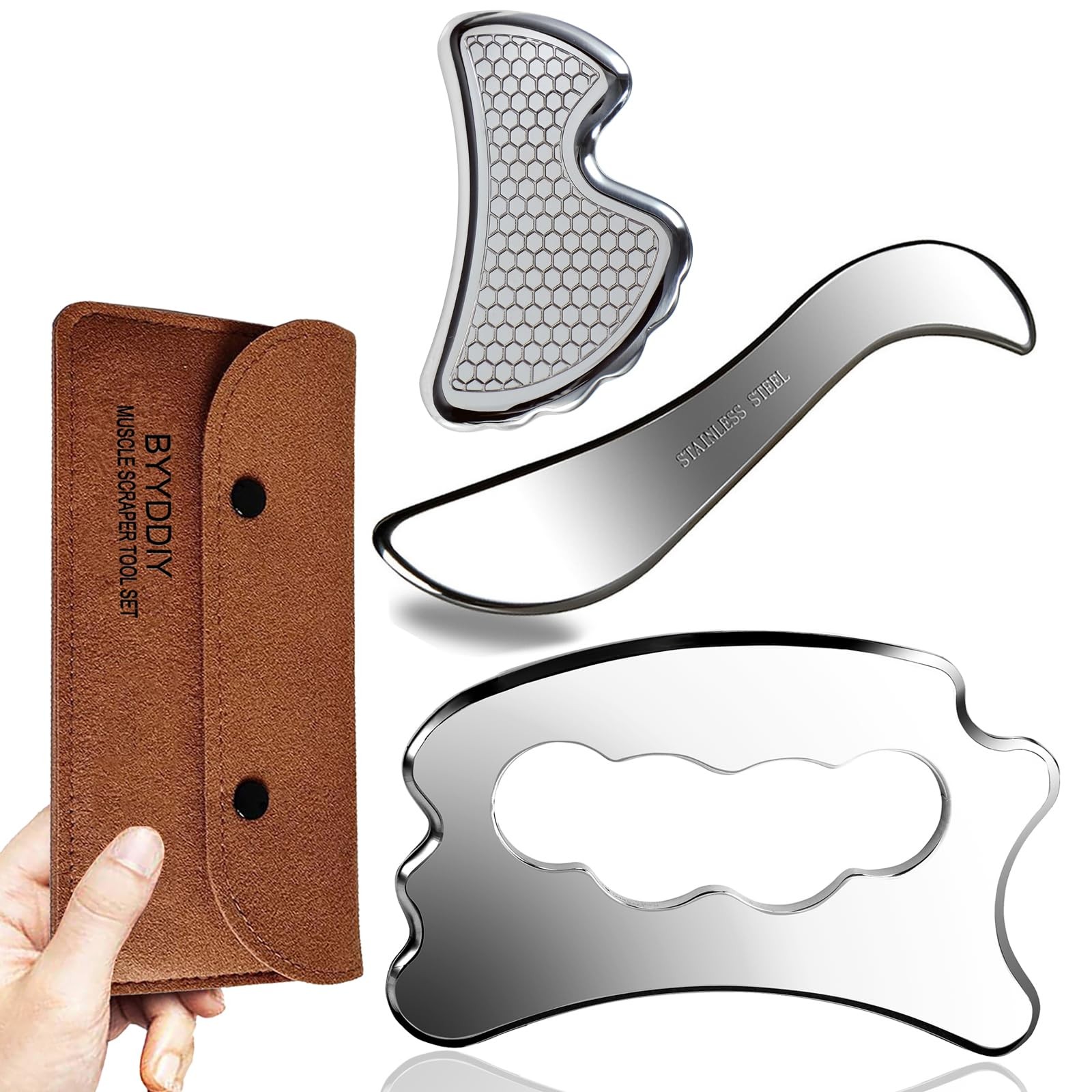 BYYDDIY Gua Sha Muscle Scraper Tool Set,Scraping Massage 4 Piece Set, Silver
