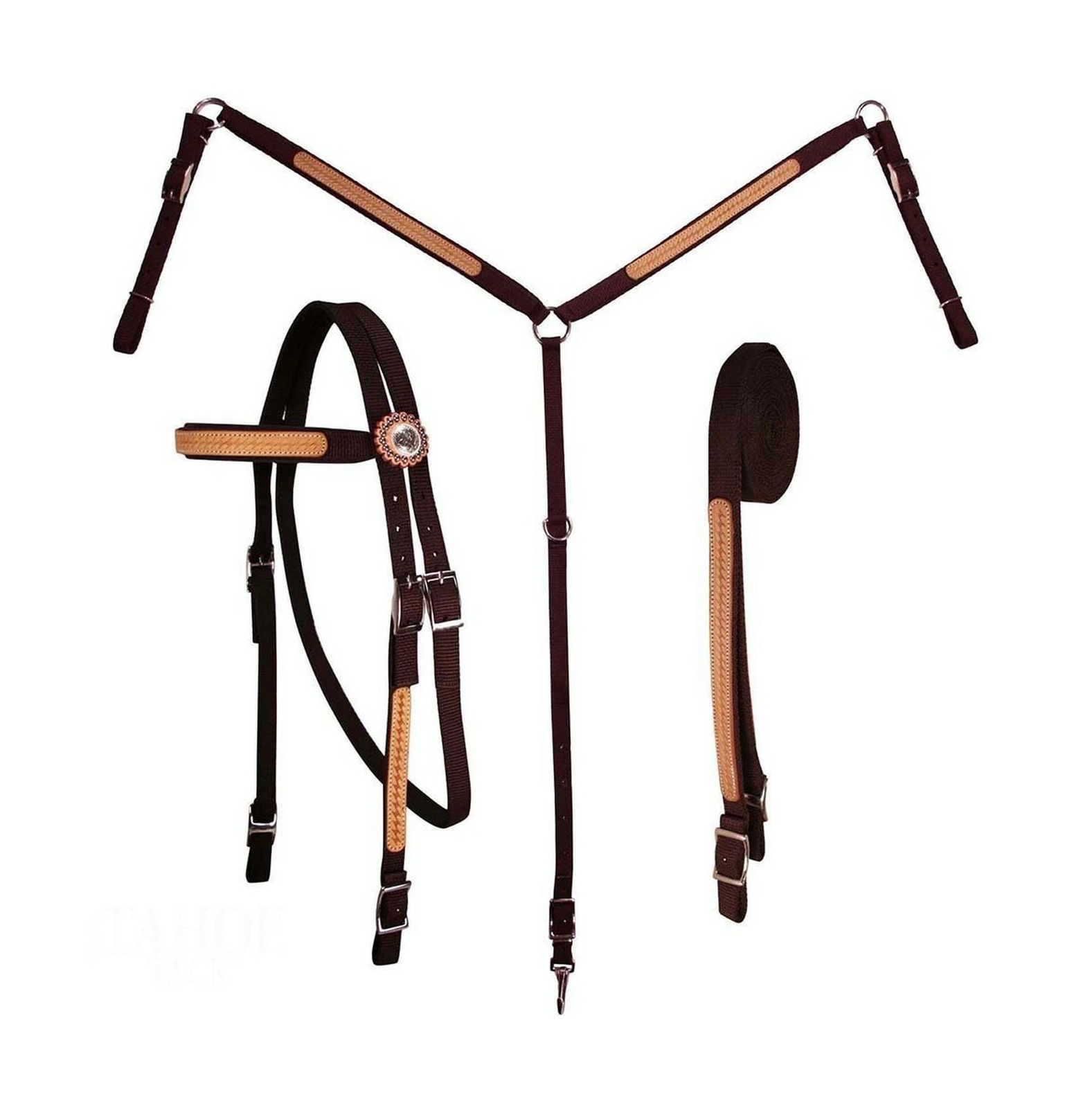 Tahoe Tack Basket Weave Leather Overlay Nylon Headstall, Breast Collar, and R...