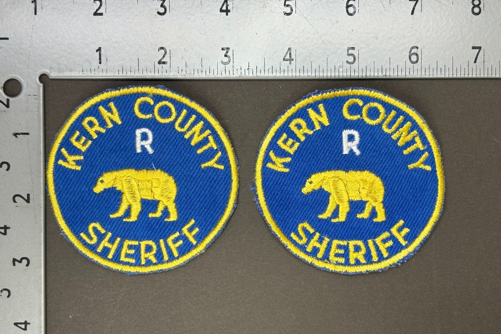 VINTAGE/OBSOLETE "KERN COUNTY CA. SHERIFF" SEW-ON SHOULDER PATCHES, NEVER SEWN