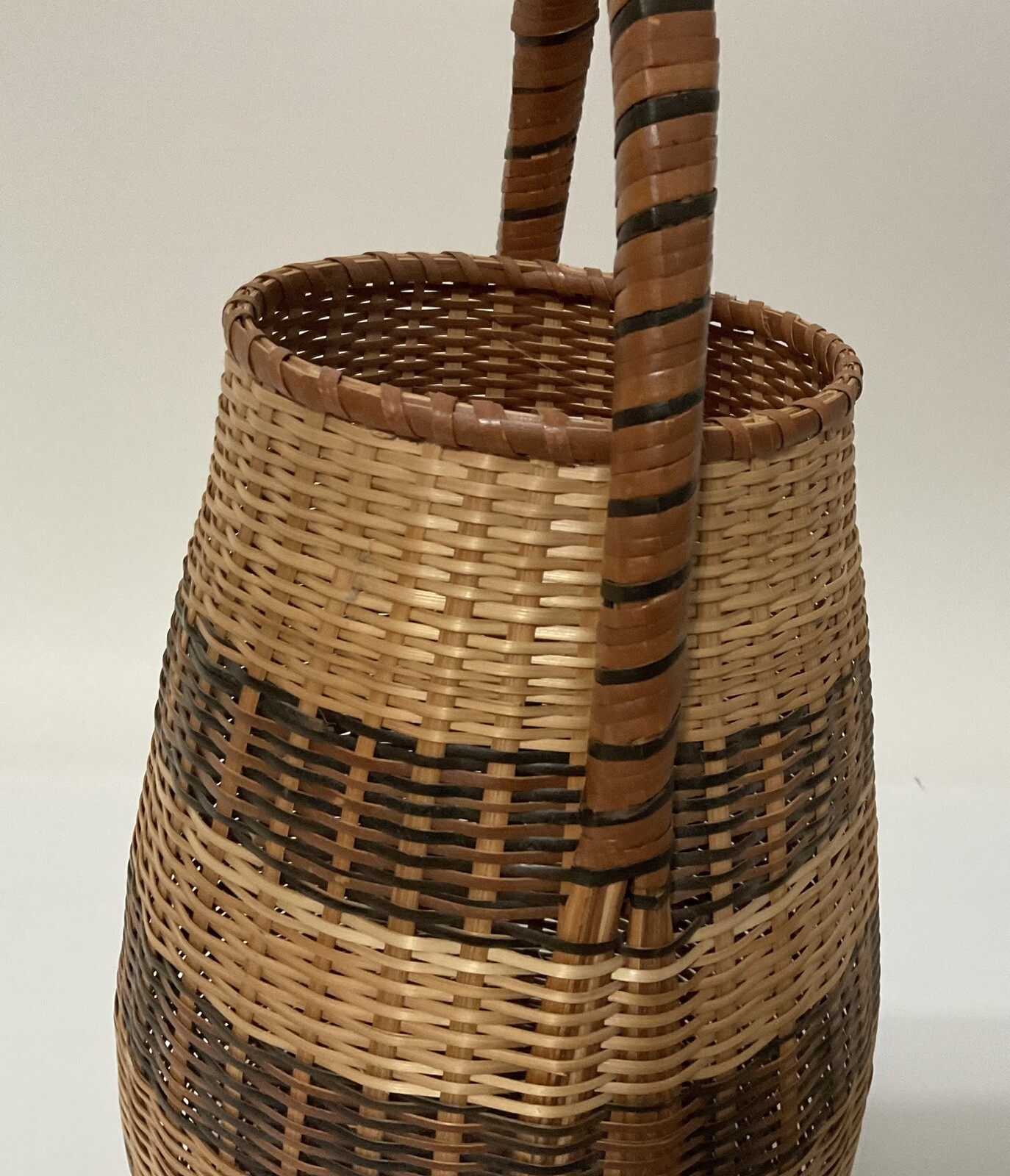 Barrel Shape Decorative Storage Basket with Lid Brown Stripes Handle Woven