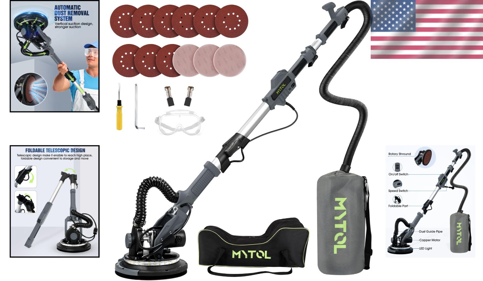 Drywall Sander Electric Vacuum Dust Collector Variable Speed LED Light