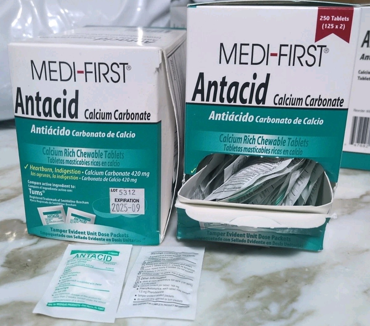 Two (2) Medi-First Antacid Tablet 250 Count Dispenser Box Heartburn Chewable Buy