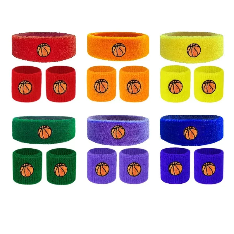 1 Set Kids Sports Headband Wristband Ball Embroidery Stretch Boys Girls Knitted
