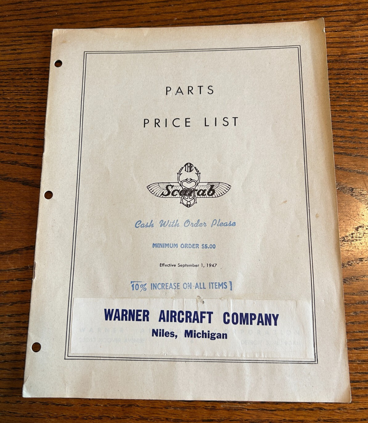 Warner Aircraft Company Scarab Parts Price List September 1947 Original
