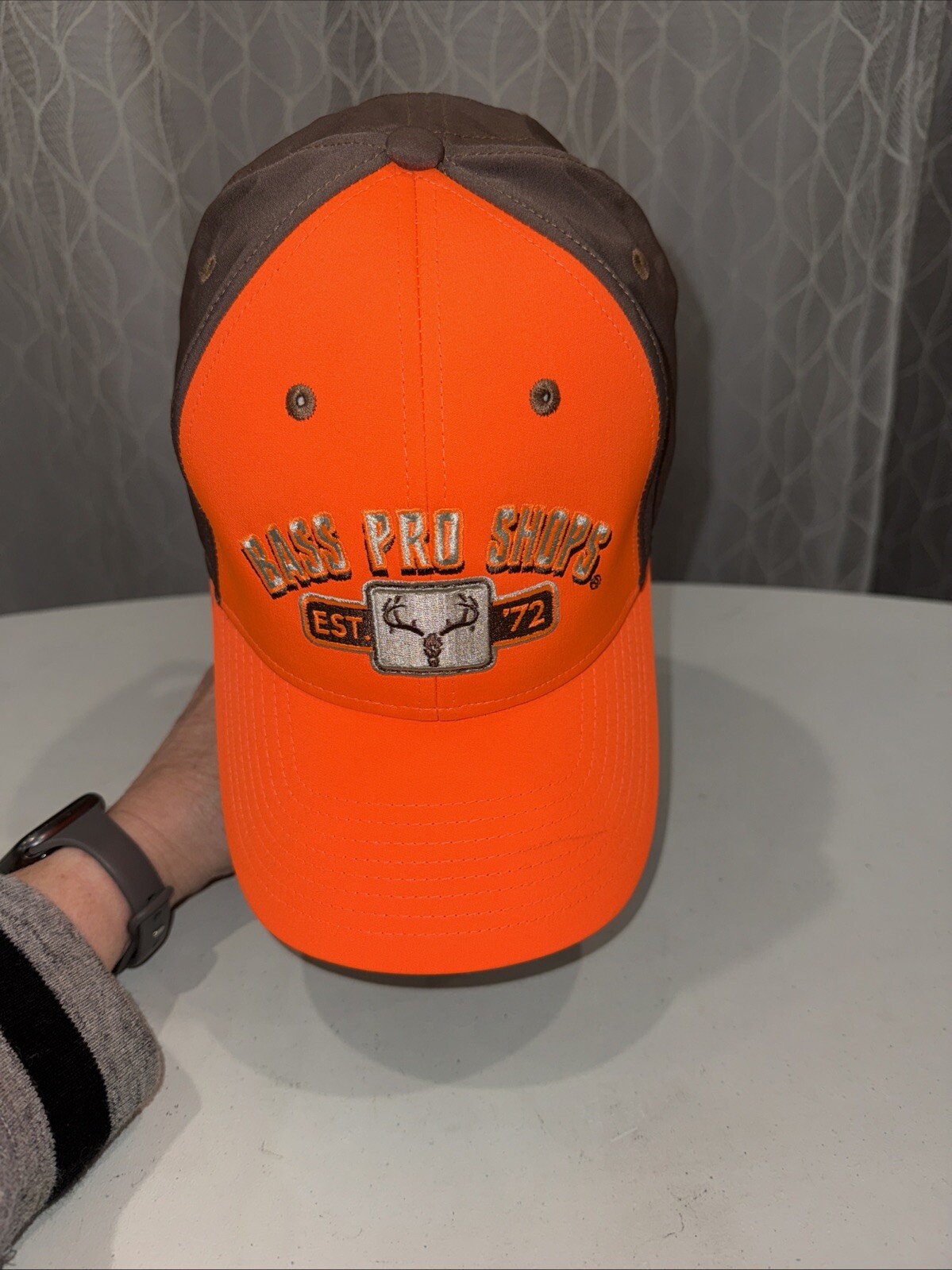 Bass Pro Shops Fluorescent Orange Front w Brown Hat Cap Hook Loop Poly Spandex