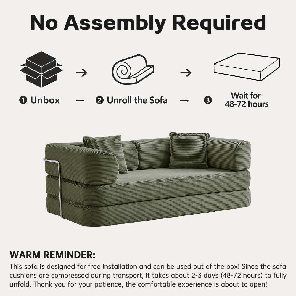 Convertible Floor Sofa Bed w/ Blanket Pillow, Modern Corduroy, Antique Green