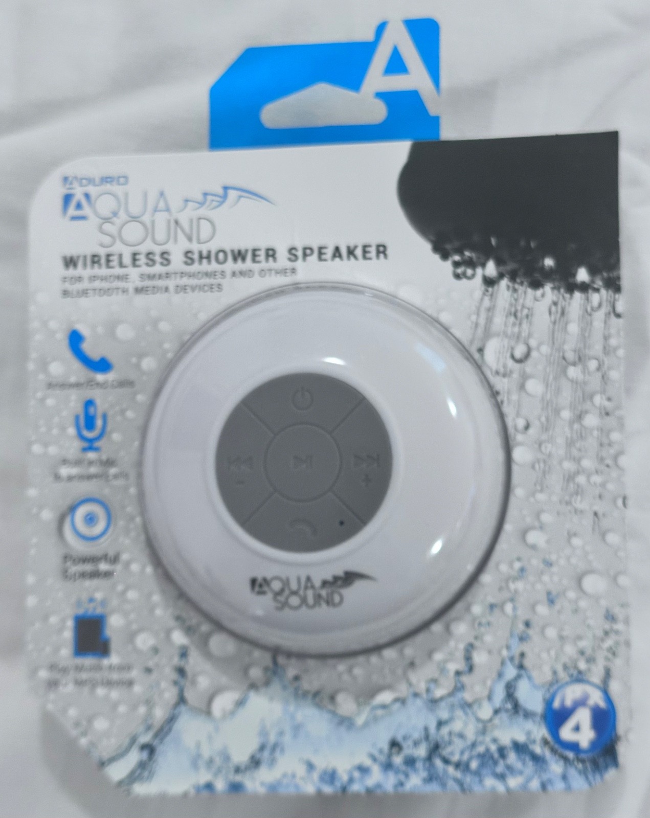Aduro Aqua Sound Wireless Shower Speaker Bluetooth Waterproof IPX4 White