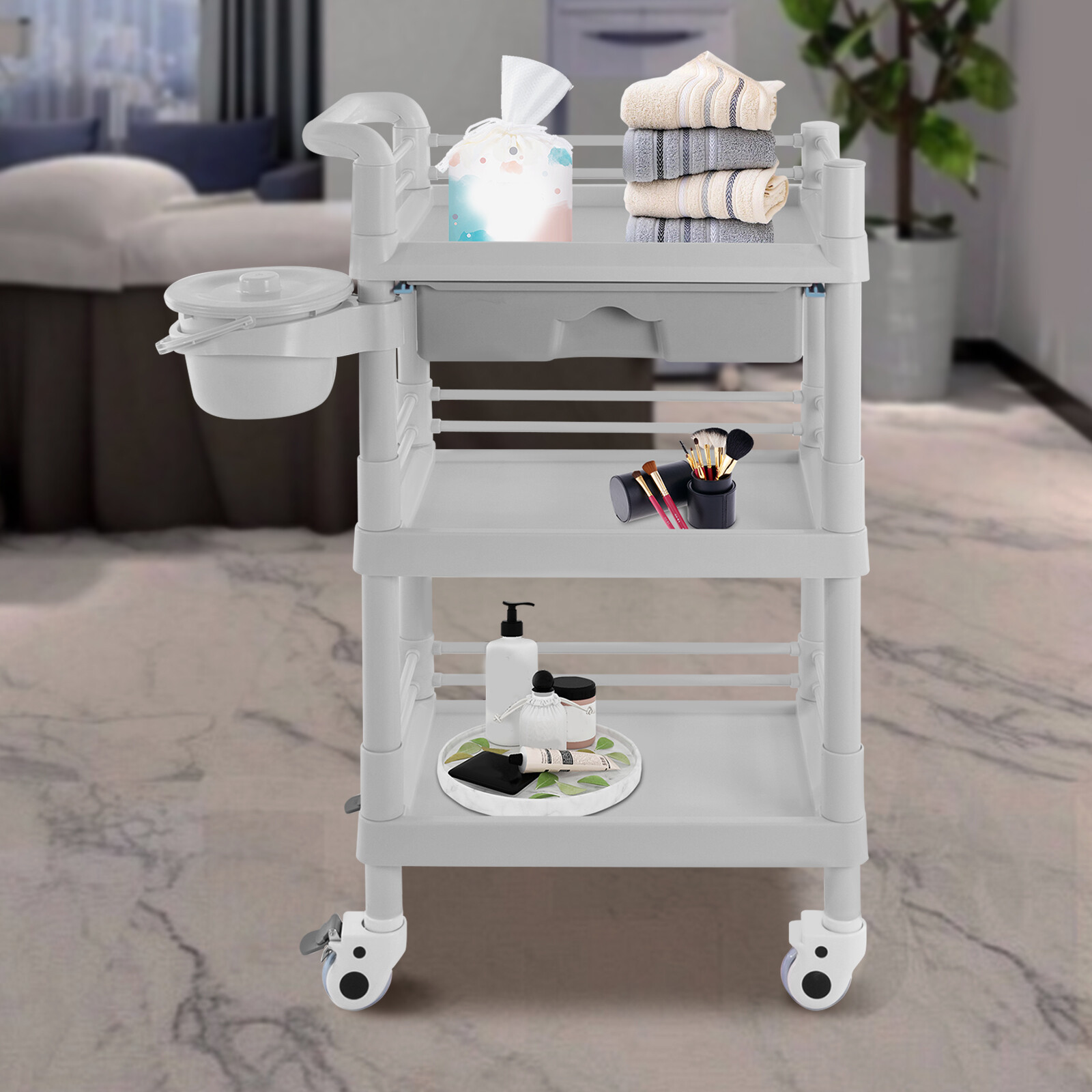3-Layers Freestanding Trolley Beauty Trolley Salon Drawer Cart w/Waste Bin 100kg