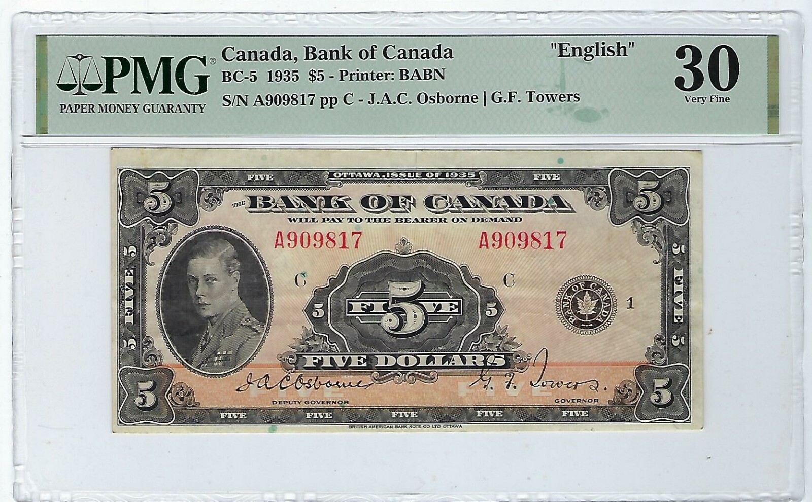 1935 Bank of Canada $5 Dollar  Bank Note BC-5 PMG 30