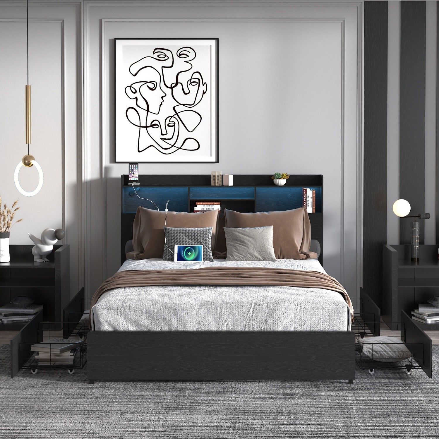 Full/Queen Size Platform Bed Frame w/ LED Lights & Storage Headboard & 4 Drawers