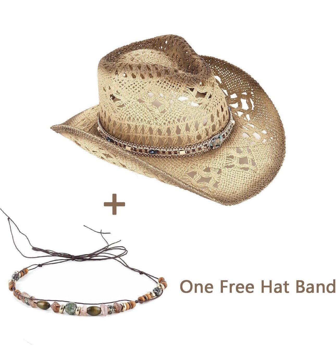 Women’s Straw Cowboy Hat, Breathable Western Cowgirl Hat W/2 Decorative Bands
