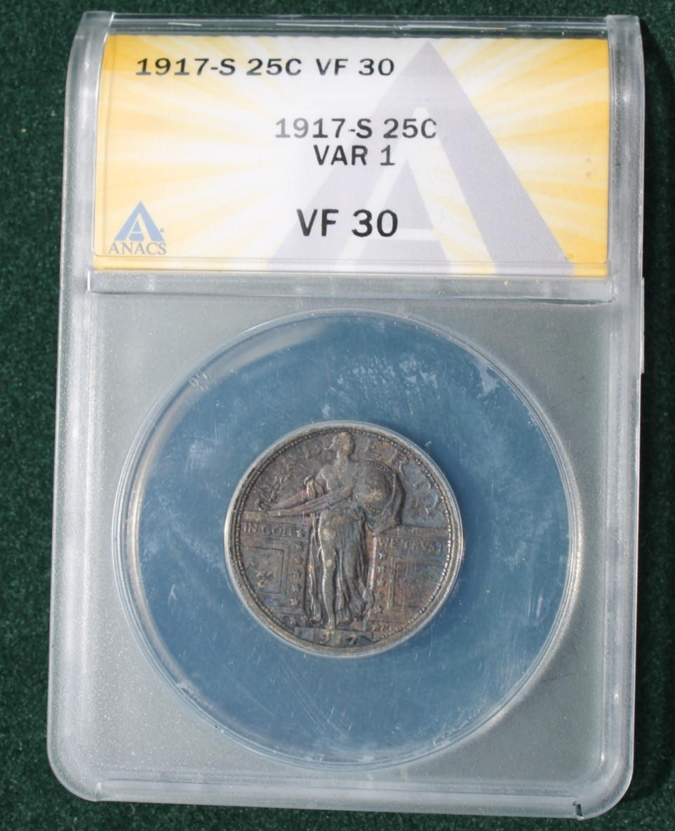 1917-S VARIETY 1 ANACS VF 30 CERTIFIED STANDLING LIBERTY QUARTER NATURAL TONING