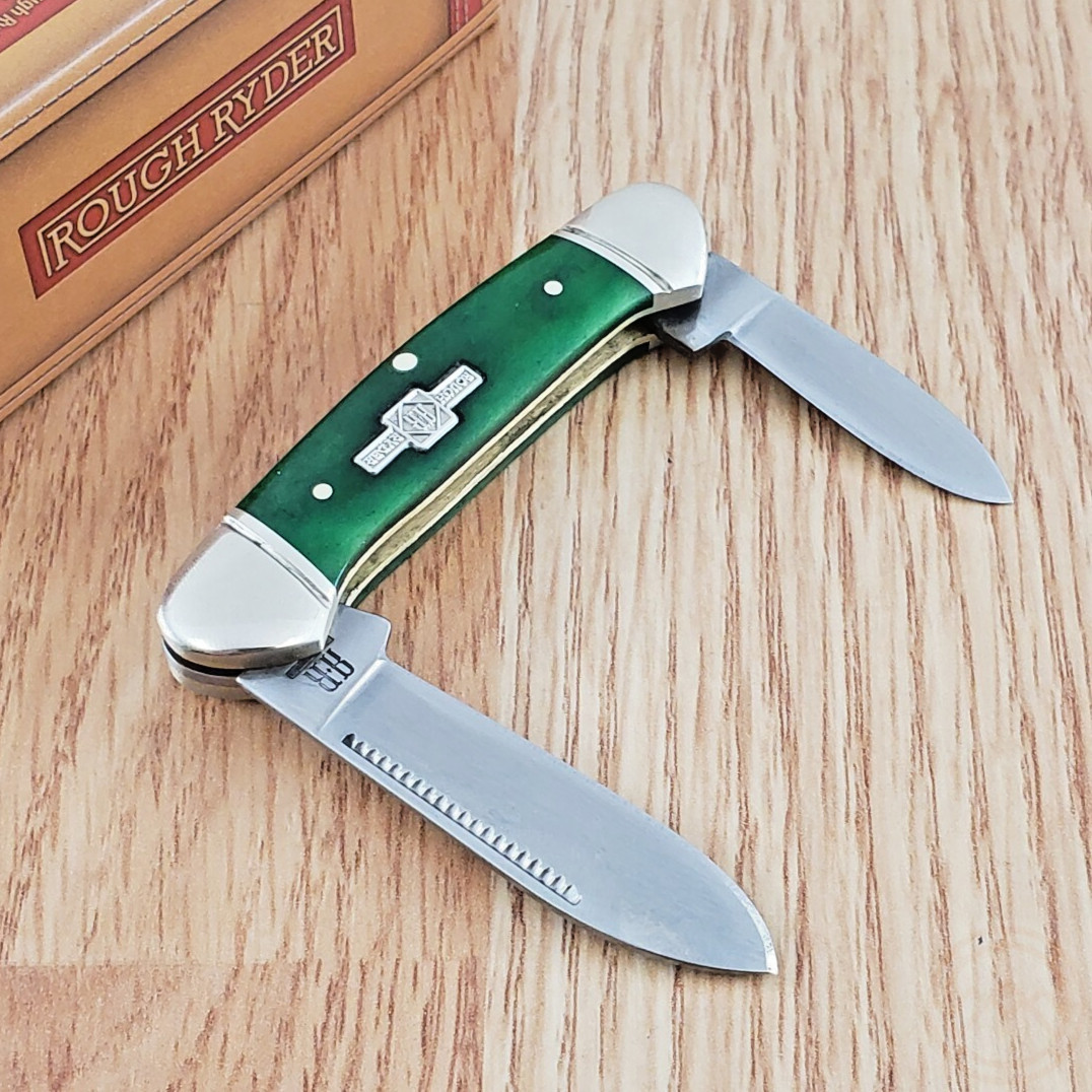 Rough Ryder Mini Canoe Pocket Knife Stainless Blades Green Smooth Bone Handle